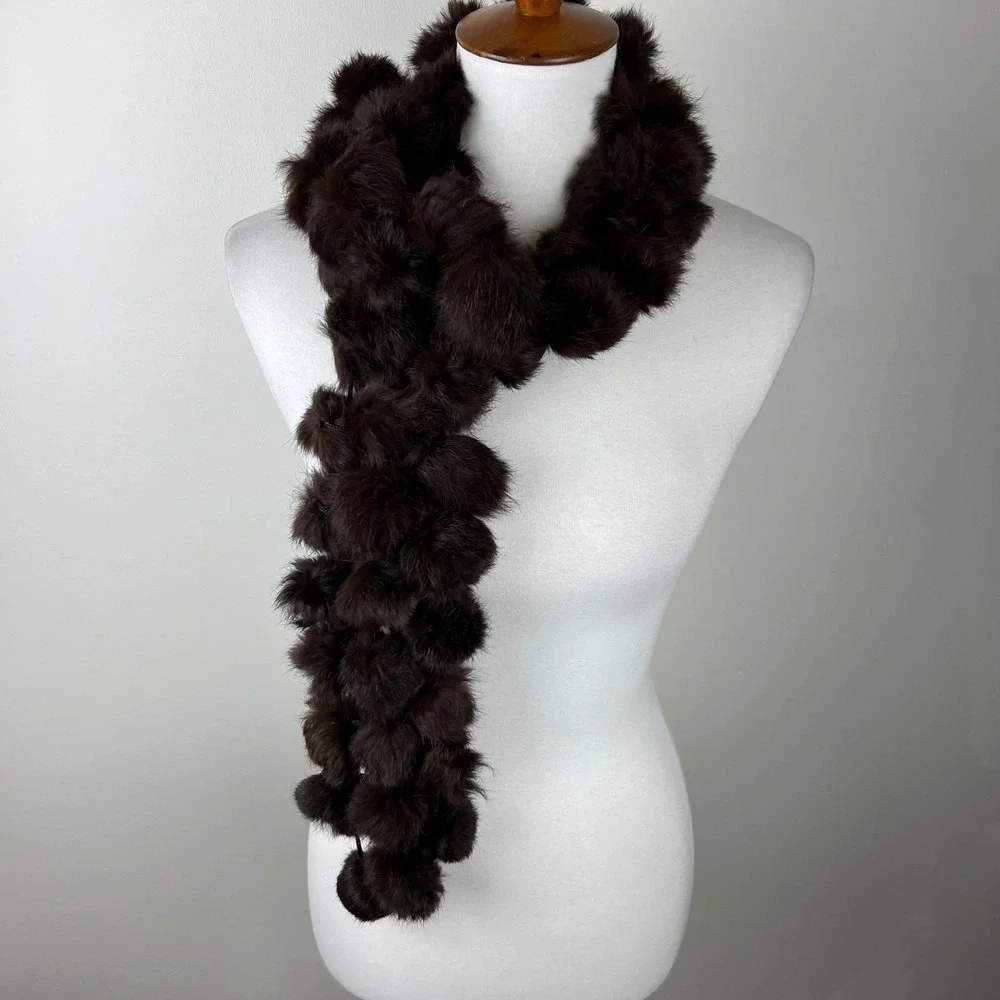 Y2K Vintage Esprit Brown 100 Rabbit Fur Pom Pom Scarf One Size Fits All